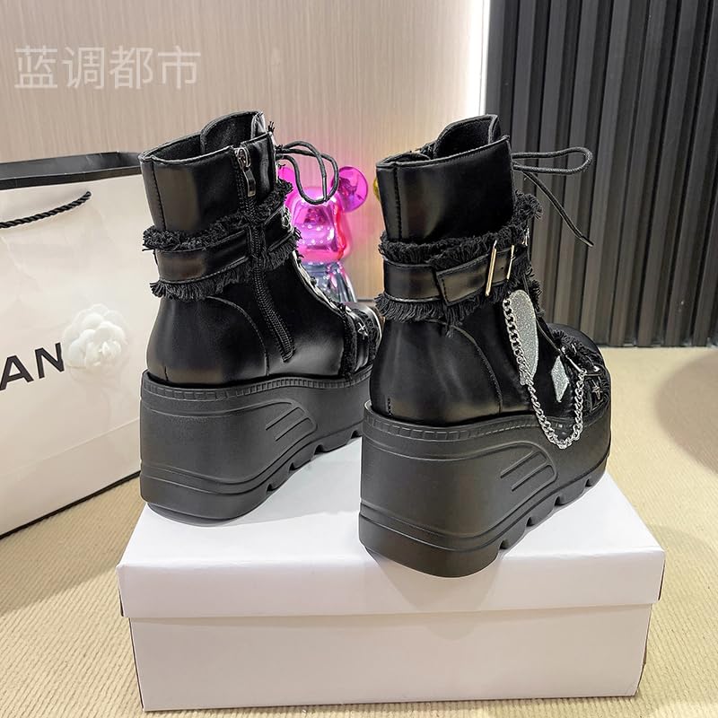 Womens Goth Ankle Booties Square Toe Lace Up Ankle Booties Kawaii Shoes High Heel Round Toe Zipper Wedges Mid Calf Booties4