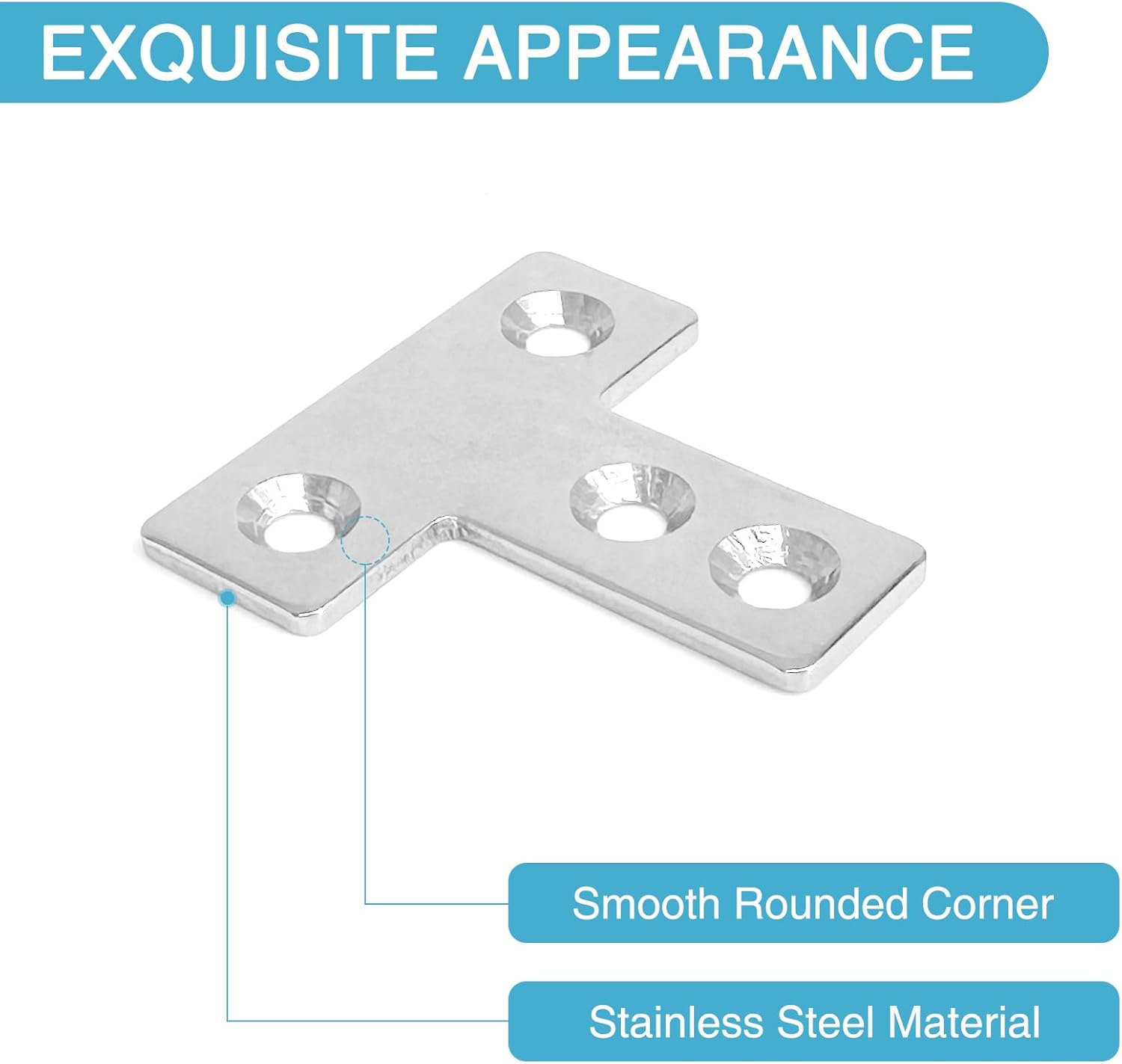 8PCS 1.65” x 1.65” T Post Corner Brace, Stainless Steel Flat Metal Bracket, Mending Plate for Wood with 32PCS Screws