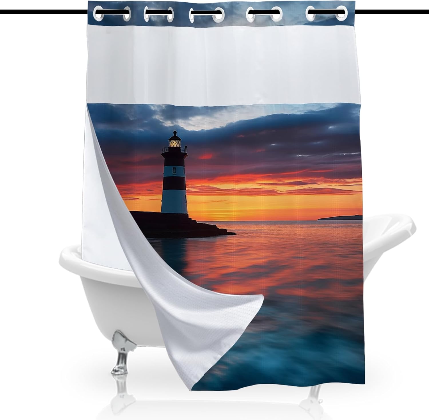 Lighthouse Ocean Shower Curtain for Bathroom, Waterproof Waffle Aesthetic Sunset Shower Curtain with Snap in Fabric Liner Set, Heavy Duty Bath Curtains Hotel Spa Luxury Polyester 72Wx74H No Hook