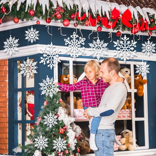 Image of 24pcs Large Christmas Hanging Snowflakes Decorations Outdoor - White Big Snowflake in Different Sizes for Winter Decoration Indoor Outdoor Christmas Tree Holiday Decor