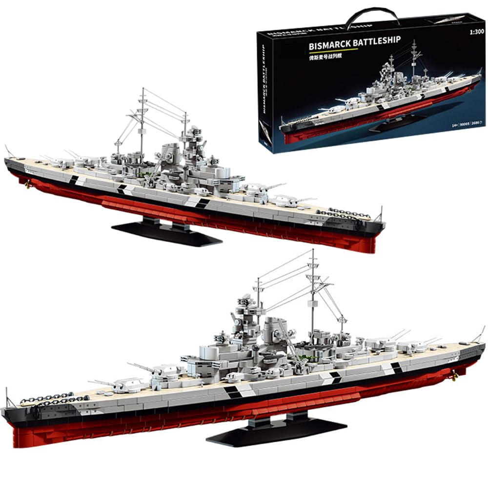 Bismarck Schlachtschiff Bausteine Bausatz, 2686 Klemmbausteine 1:300 Großes Militärflugzeugträger Bismarck aus dem Zweiten Weltkrieg Modellbausätze, Perfekt Geschenk für Erwachsene Sammler Jugendliche
