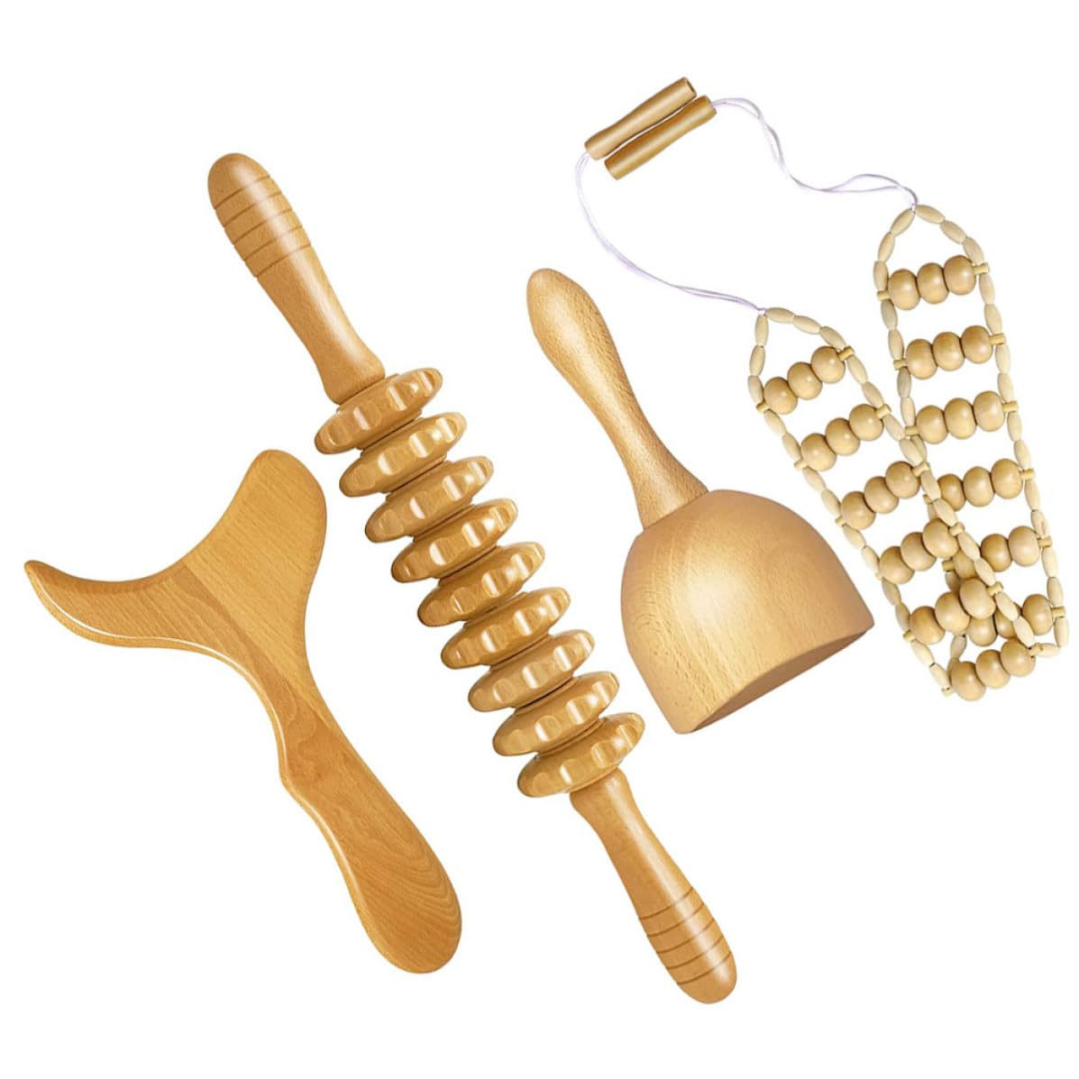 LABRIMP 4 Stück Holz Massageroller zur Schmerzlinderung mit Glatter Oberfläche und Grate für Zuhause und Geschäftsreisen