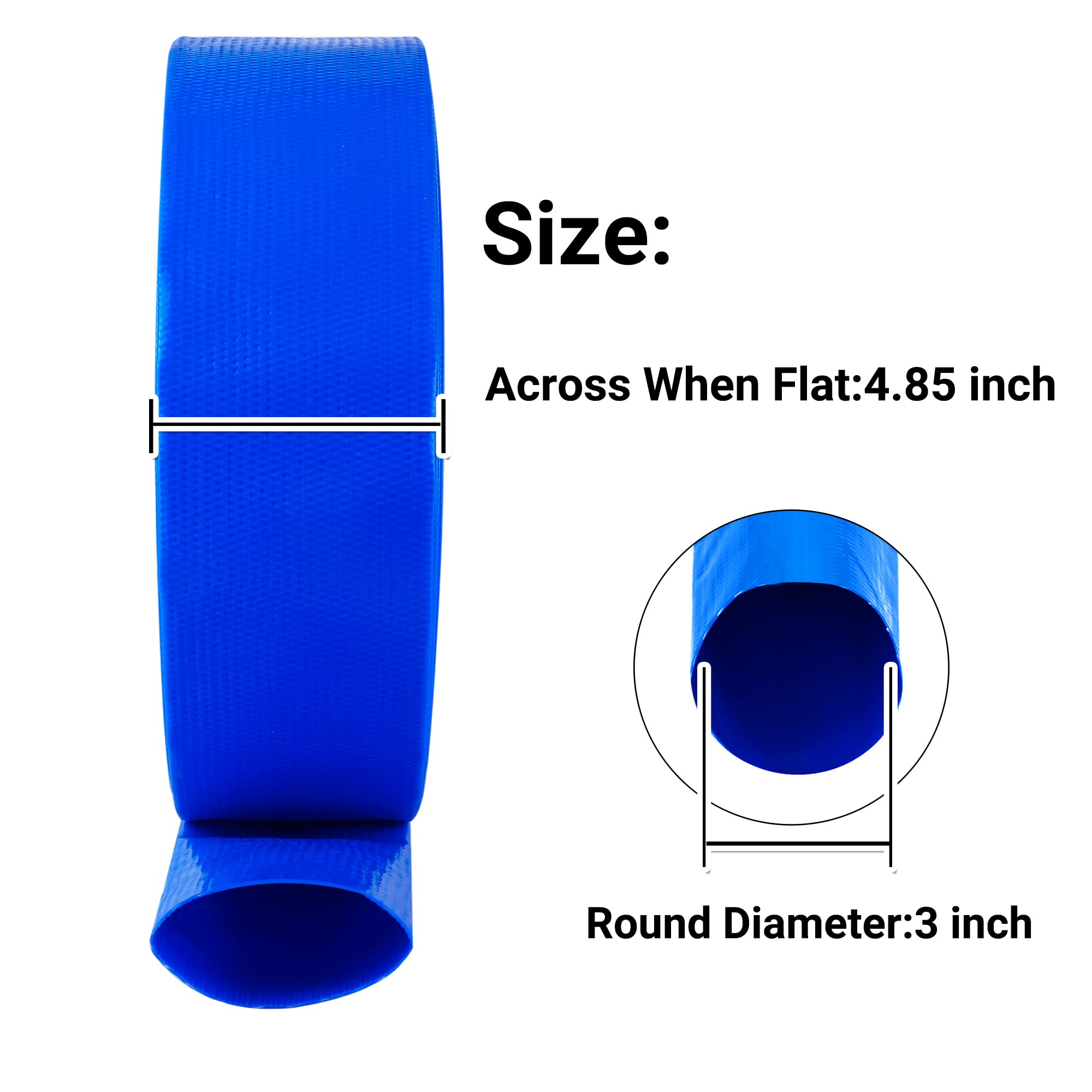 Manguera de retrolavado de piscina de 3 pulgadas x 50 pies, manguera de descarga de agua plana de PVC reforzado azul resistente para bomba de filtro de piscina, con 1 abrazadera