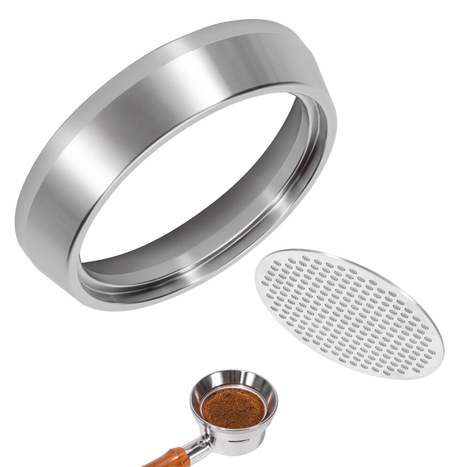 58mm Espresso Dosing Funnel & Puck Screen Kit, 304 Stainless Steel Portafilter Funnel with Filter Screen Set, Espresso Machine Accessories Compatible with 58mm Portafilter