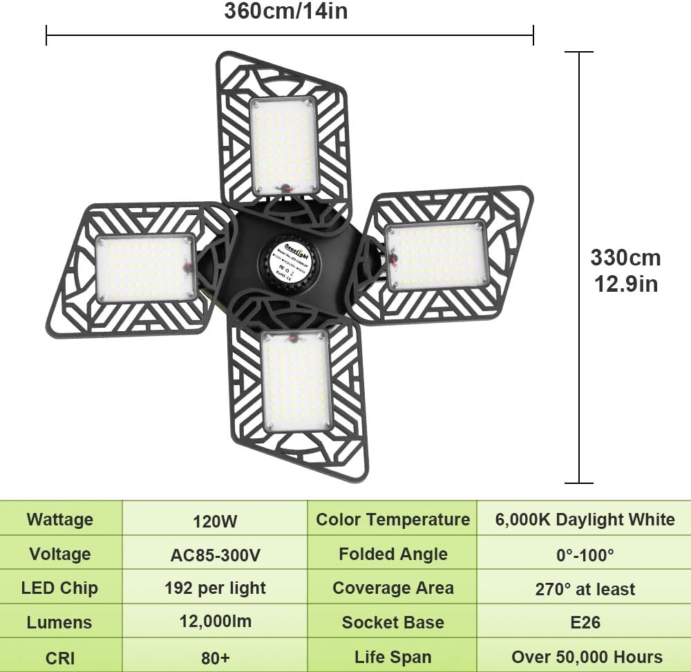 🔥 Cаѕhbасk uр tо 70% 120W LED Garage Lights,12000 Lumens Super Bright Garage Ceiling Lights with 4 Adjustable Panels, Easy-Installation 6000K Deformable Bay Lights for Basement, Workshop, Barn, Warehouse(2 Pack)