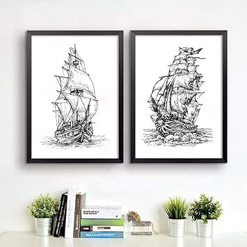 Amazon Ytsmsyy手描き海賊船アートプリント壁の写真 レトロなポスター海賊船キャンバス絵画ホームリビングルームヴィンテージ装飾 50x70cm 19x27inchx2フレームなし ウォールステッカー オンライン通販
