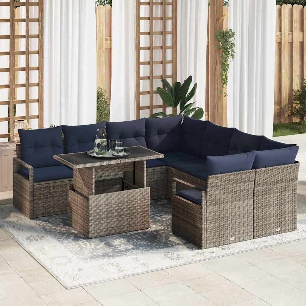 Set modulare da giardino in polyrattan, 9 pezzi, grigio