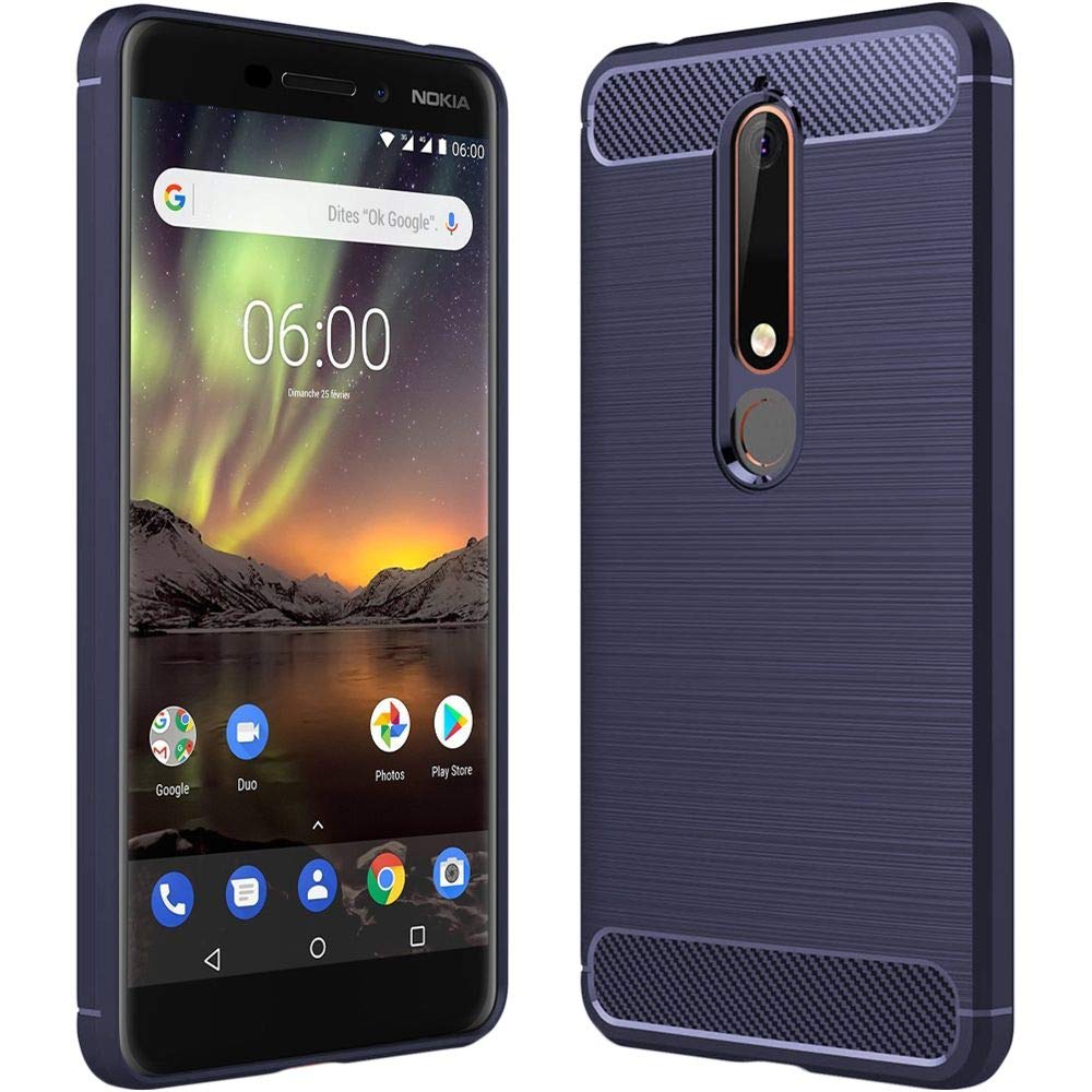 ebestStar - Cover per Nokia Nokia 6 (2018), Custodia Protezione Carbonio Design, TPU Morbida Antiurto, Blu scuro + Vetro Temperato