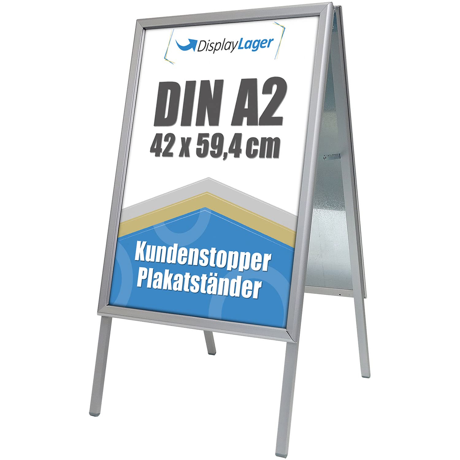 DisplayLager, Calidad danesa | Tope para clientes de aluminio | 2 carteles (ambos lados), resistente a la intemperie, para aceras, cartel publicitario (plata, A2)