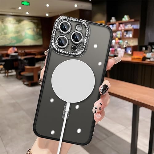 Miniatura 3 de MZELQ Compatible con iPhone 14 Pro Max - Carcasa magnética galvanizada soporte para Magsafe Cubierta de lente de cámara con diamantes brillantes