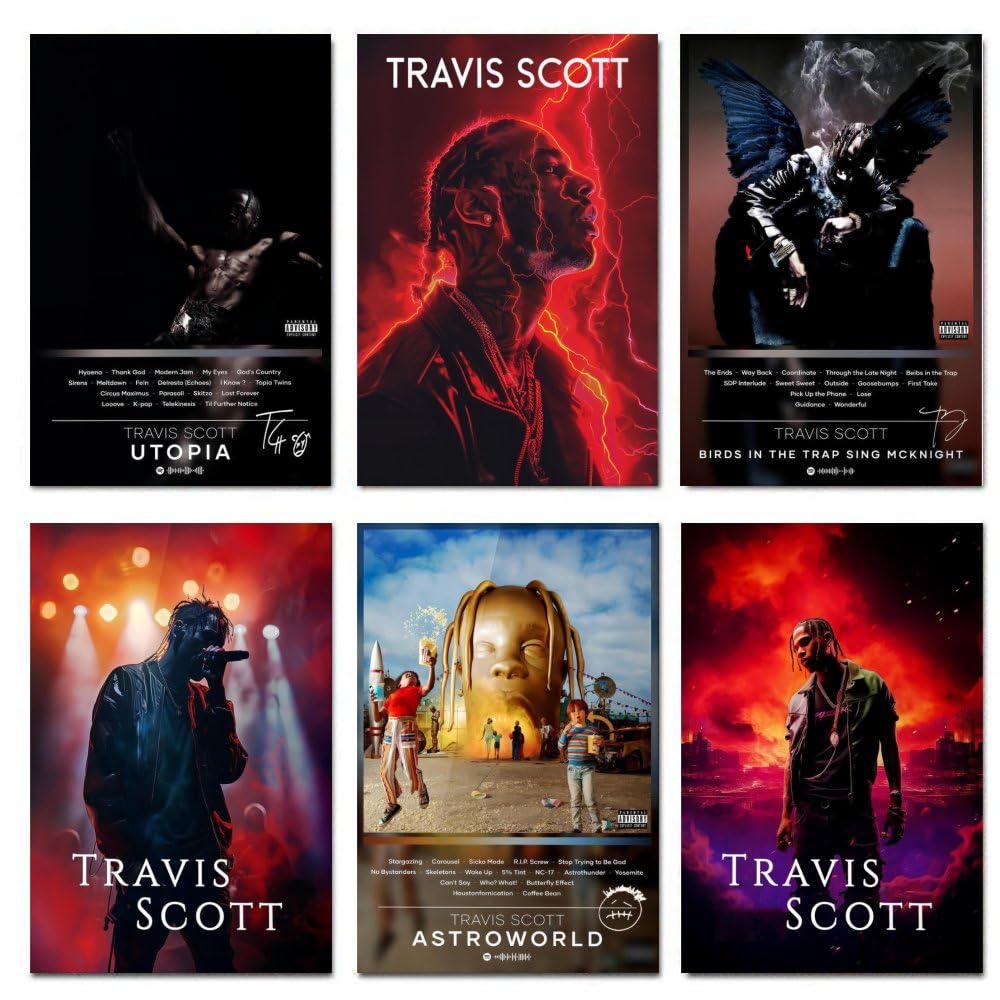 BBLKDZTX Travis Scott Poster (Set of 6) Album Cover Posters Music Canvas Posters For Bedroom Aesthetic Wall Art Posters & Prints 08x12inch(20x30cm) Style-1