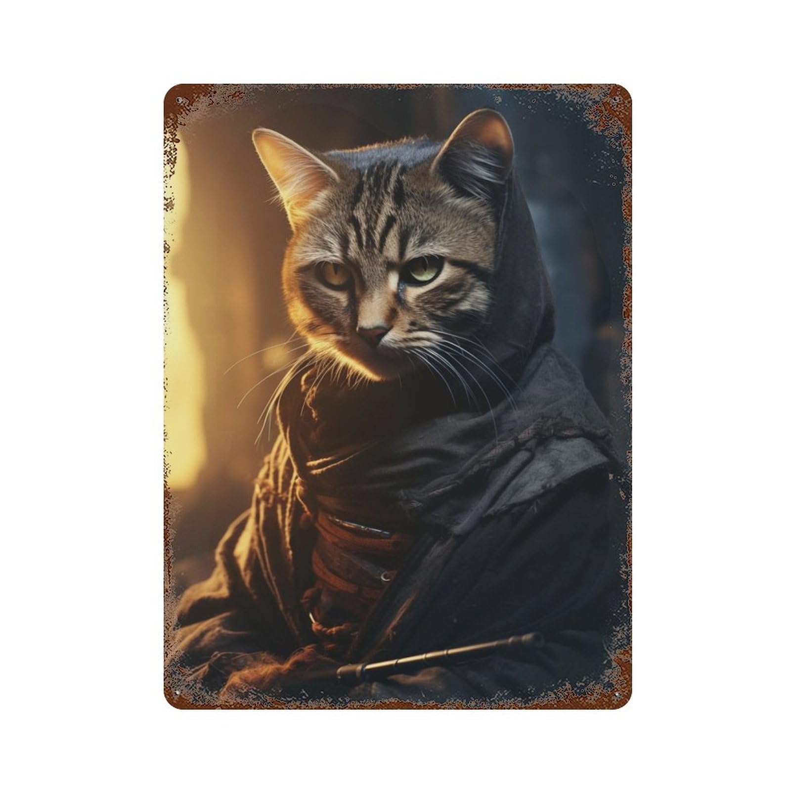 Funny Shinobi Ninja Cat Rusty Metal Tin Sign 15.7"x11.8", Shabby Chic Decor for Garage, Bar And Workshop Decor