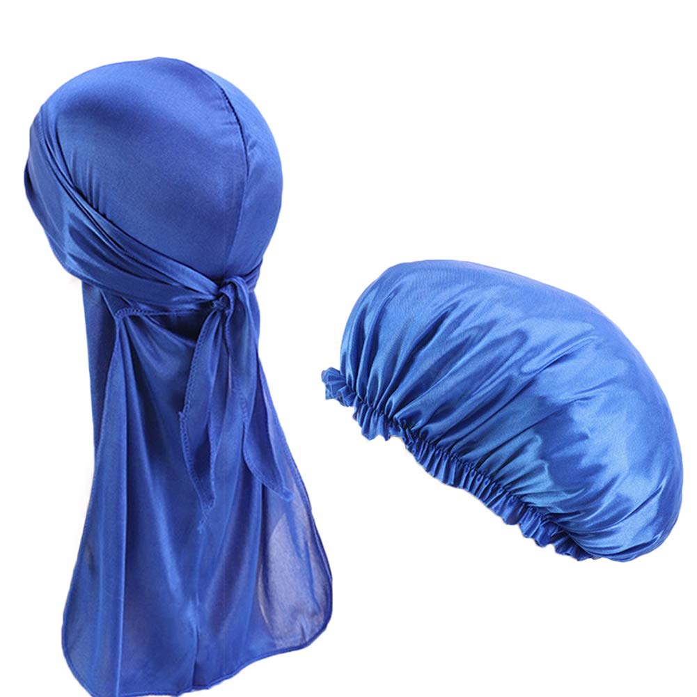 2pcs Set Durag and Bonnet Long Tail Satin Doo rag Elastic Turban Sleep Cap Solid Color