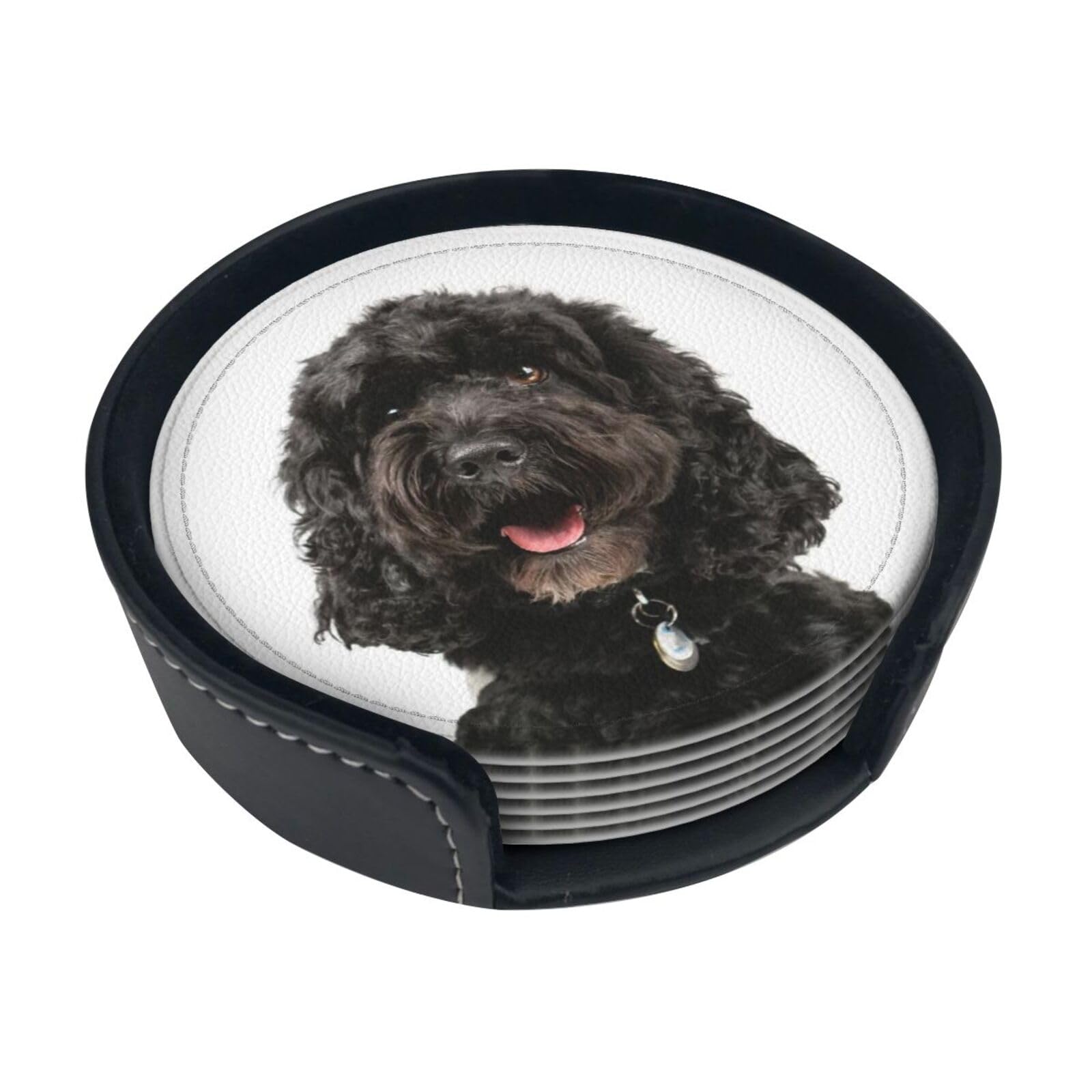 Poadnly As Picture Puppy Black Cockapoo,Set Of 6 Round Coasters, Pu Leather Drinks Coasters With Holder For Home Office Kitchen