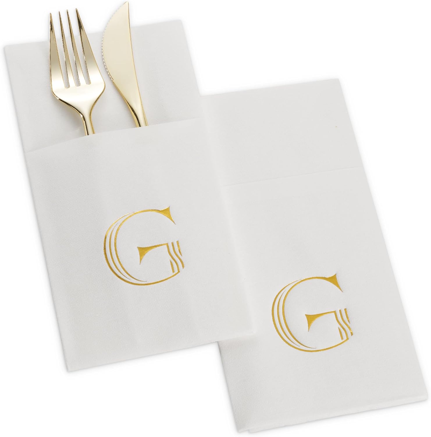 50-Pack Monogrammed Napkins With Pocket For Flatware, 16" x 16" Gold Foil Letter V Disposable Linen-Feel Napkins, Prefolded Silverware Pocket Napkins For wedding, Party Or Baby Shower