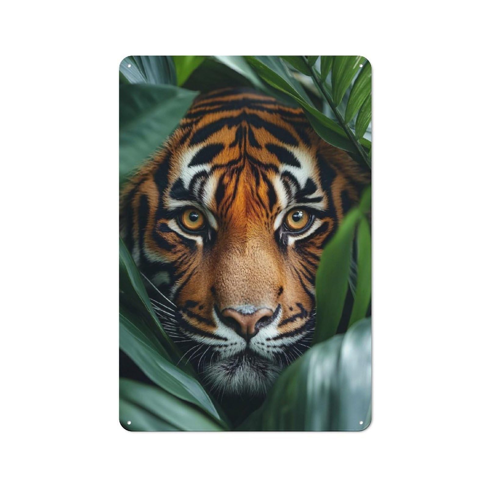 Junmoney Style-24 Metal Wall Plaque With Tiger Portrait In Lush Foliage Design 30X20cm, Simple Retro Creative Space Decor For Office, Study, Studio Or Hallway