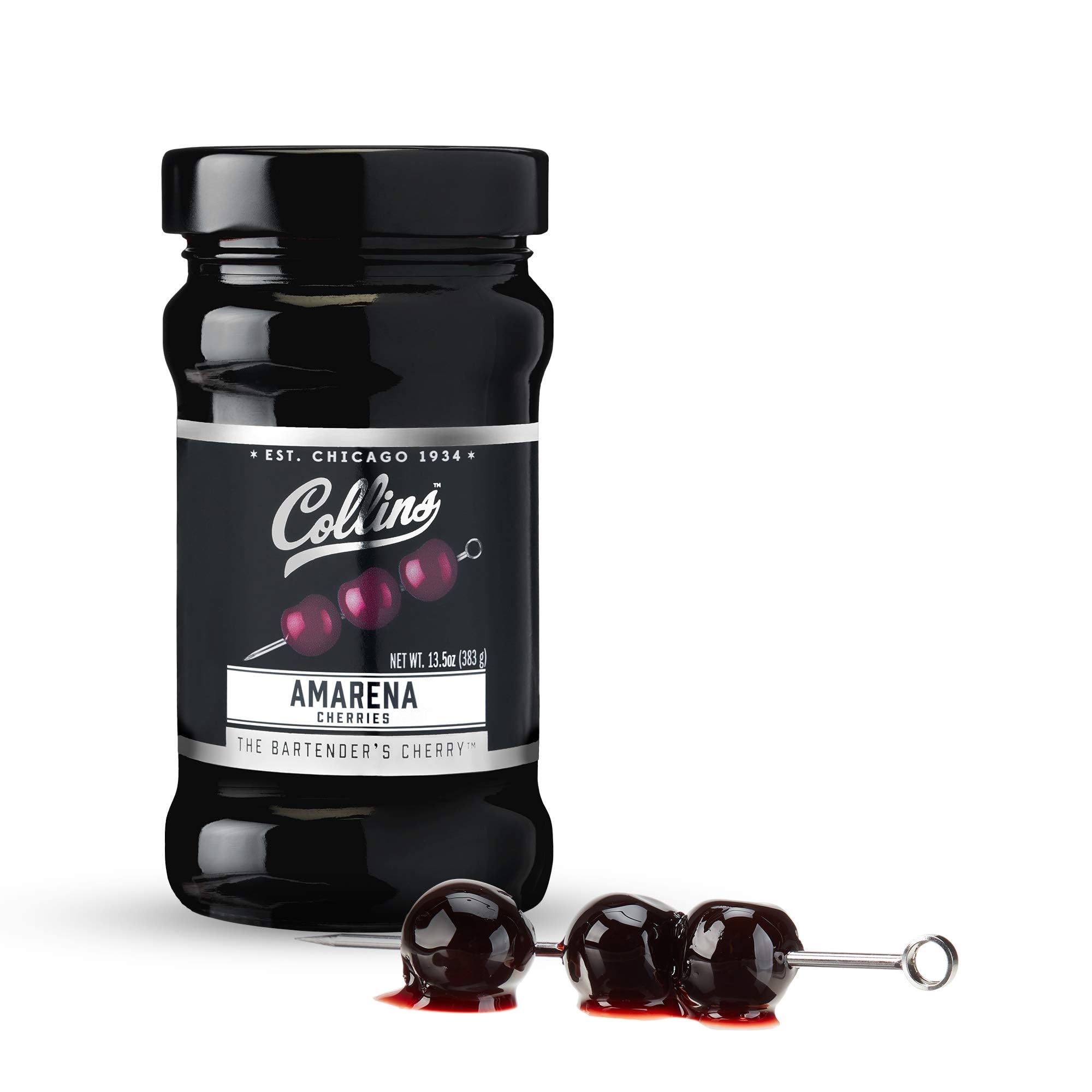 Collins Amarena Cherries in Syrup | Premium Garnish for Cocktails, Martinis, Old Fashioned, Manhattan, Chocolate, Dessert, Bourbon Accessories, 13.5oz