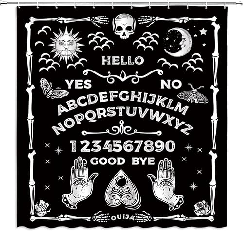 Cortina de ducha de Halloween, tablero de espíritu psíquico, cráneo, bruja, tarot, ouija, quiromancia, gato negro, esqueleto, huesos, libro mágico,