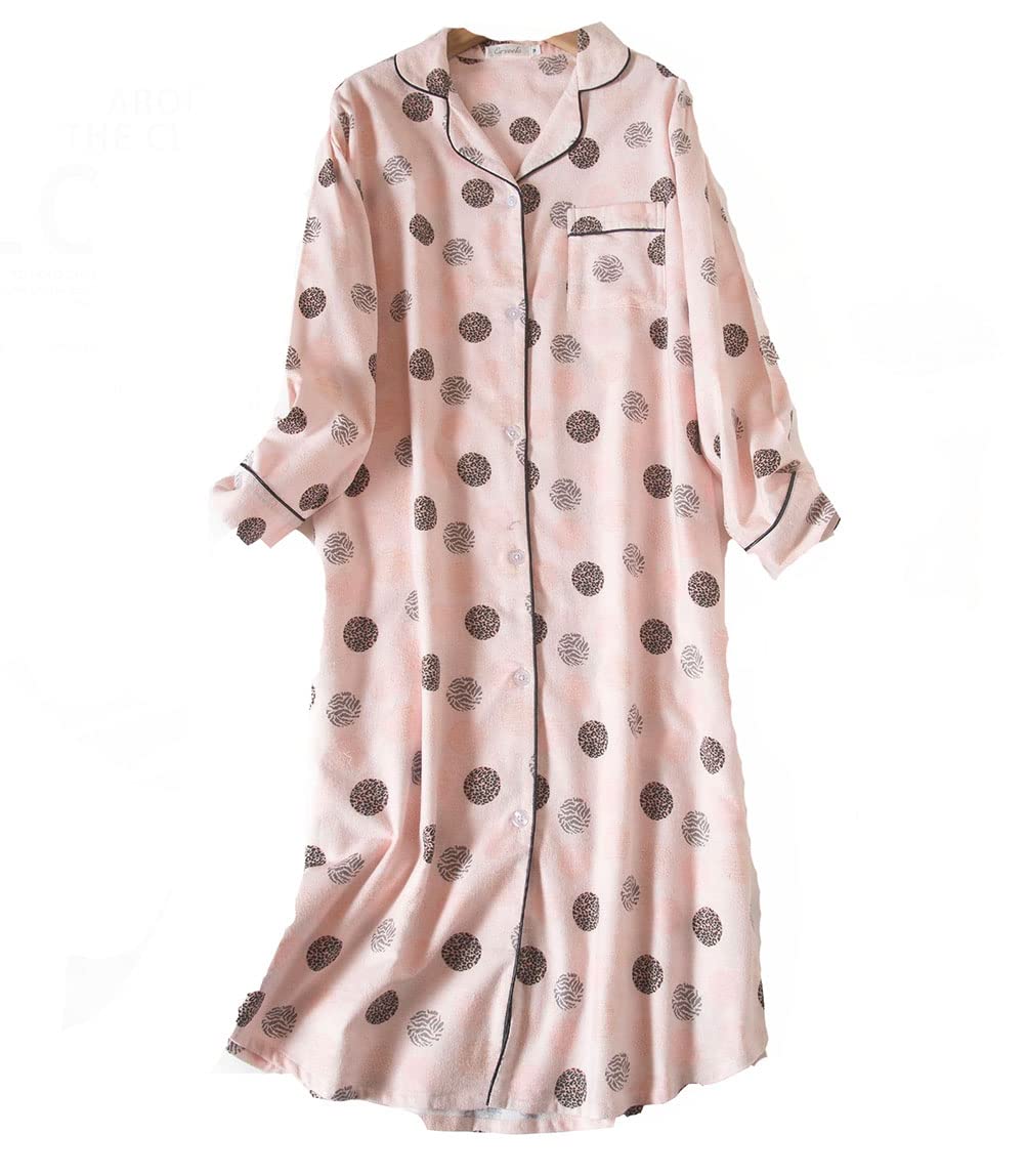Dsjj Women's Pink Nightshirt Long Sleeve Cotton Sleep Shirt Button Down Nightdress Sleepwear Pajama (,Xl)