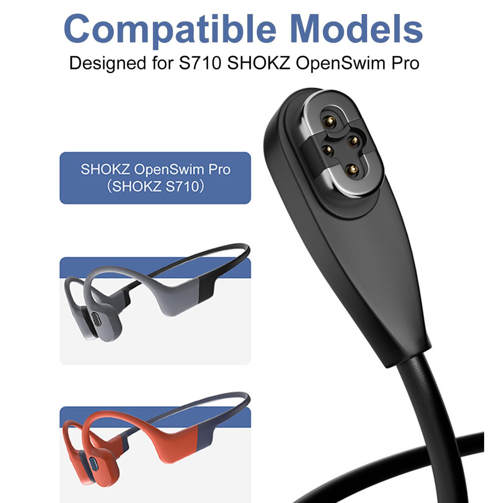 Paquete de 2 cables de carga magnéticos compatibles con Shokz OpenSwim Pro S710 Bone Sound Conducting Earphone Charging Cable Type-C a 4Pin Magnetic Charging Cable USB y USB C a Shokz S710, 1