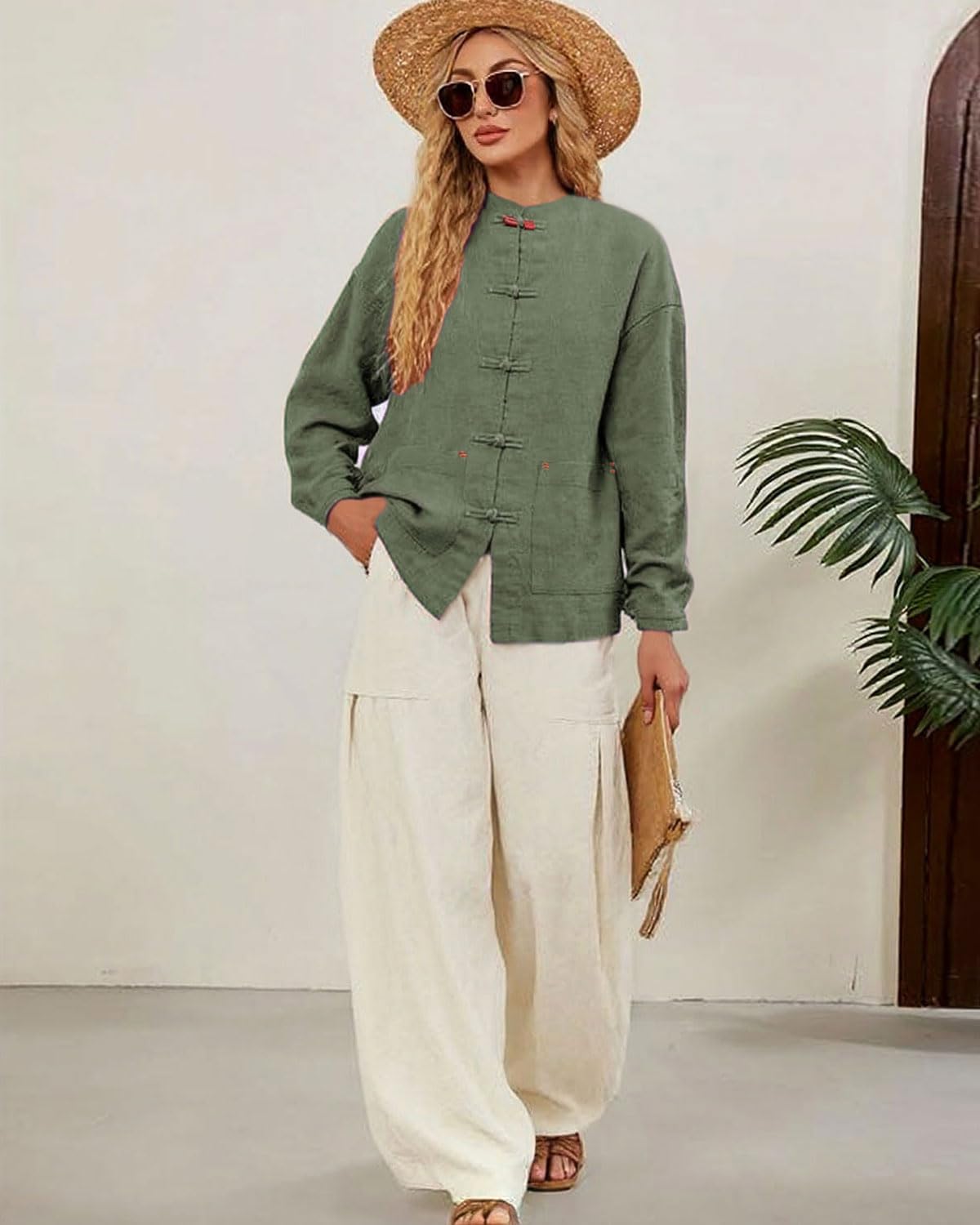 IXIMO Women's Linen Shirt Jakctes Vintage Cotton Long Sleeve Blouses Chinese Style Tunic Tops - Image 2