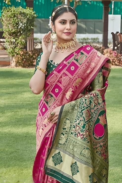 Sv Global Women's Banarasi Kanjivaram Silk Woven Saree, Animal Printed Patola Style