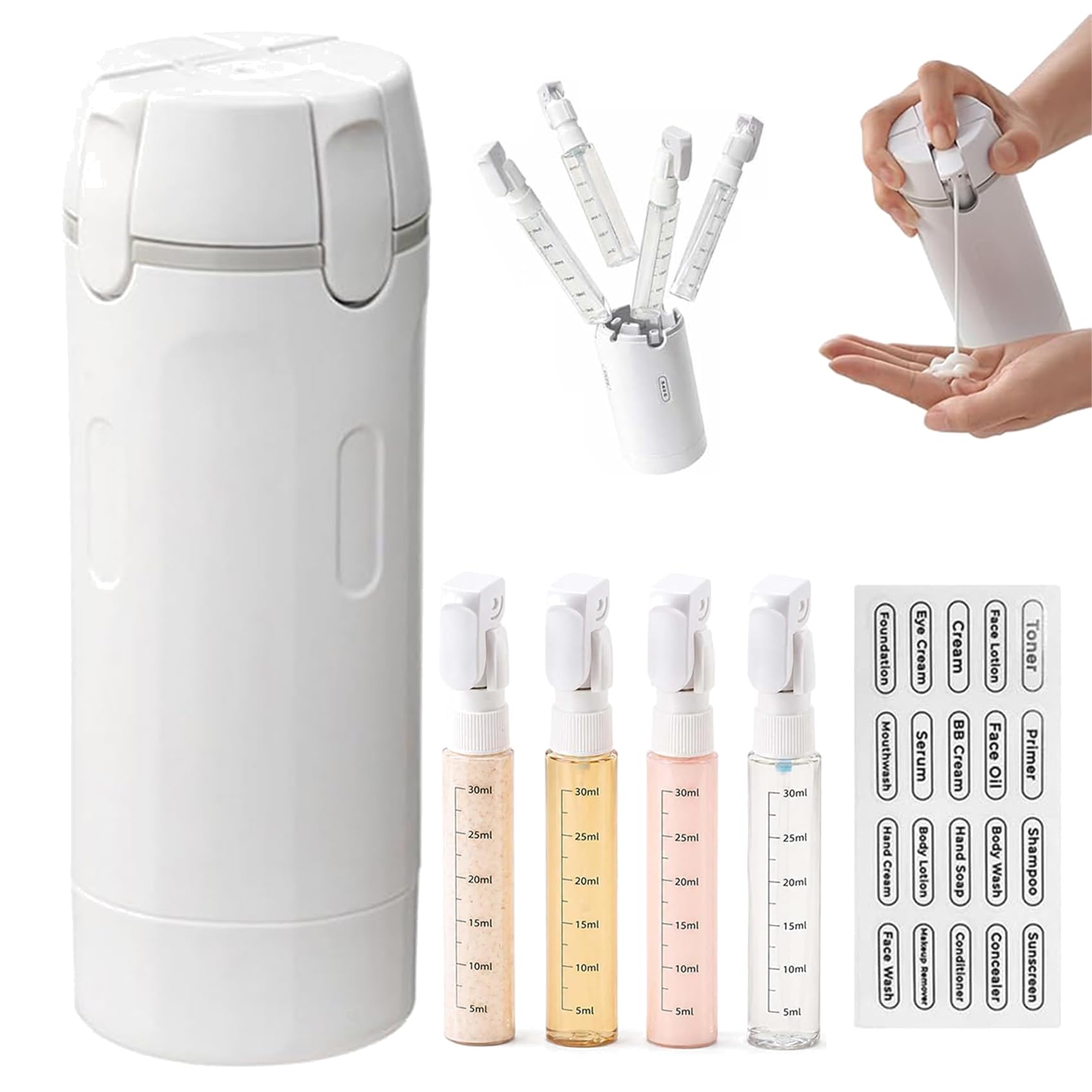 Mycleanvo Spender, Cleanvo 4-In-1 Reise- & Gym-Spender, My Cleanvo Auslaufsicheres Reiseflaschen-Set Mit Skalierung und Etikett, Die Ideale Wahl für Reisen und Fitness (Weiß)