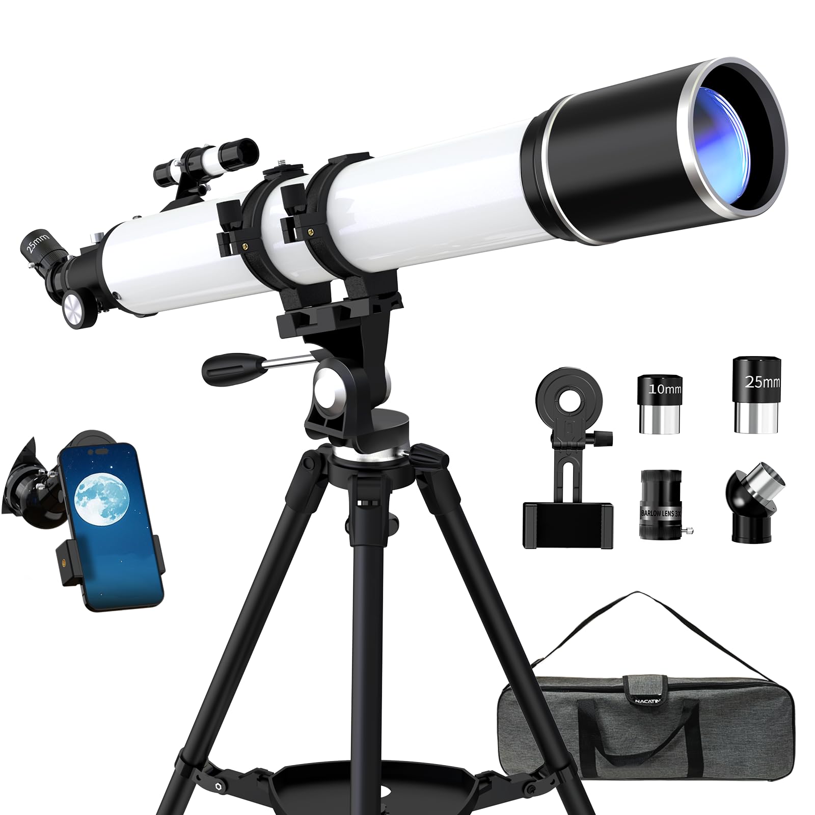 Telescopio, 90 mm Apertura 900 mm Telescopio Astronómico Profesional para Adultos Principiantes, Telescopio Refractor Portátil con Trípode,Teléfono Adaptador, Bolsa (Blanco)