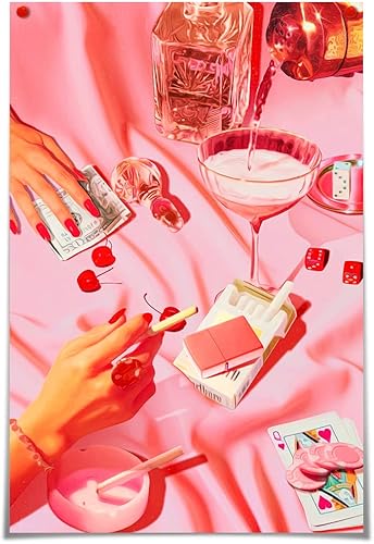 PDFI Pósteres rosados para estética de habitación, decoración de pared de lienzo moderno y divertido, para dormitorio, dormitorio, baño, bar (16 x