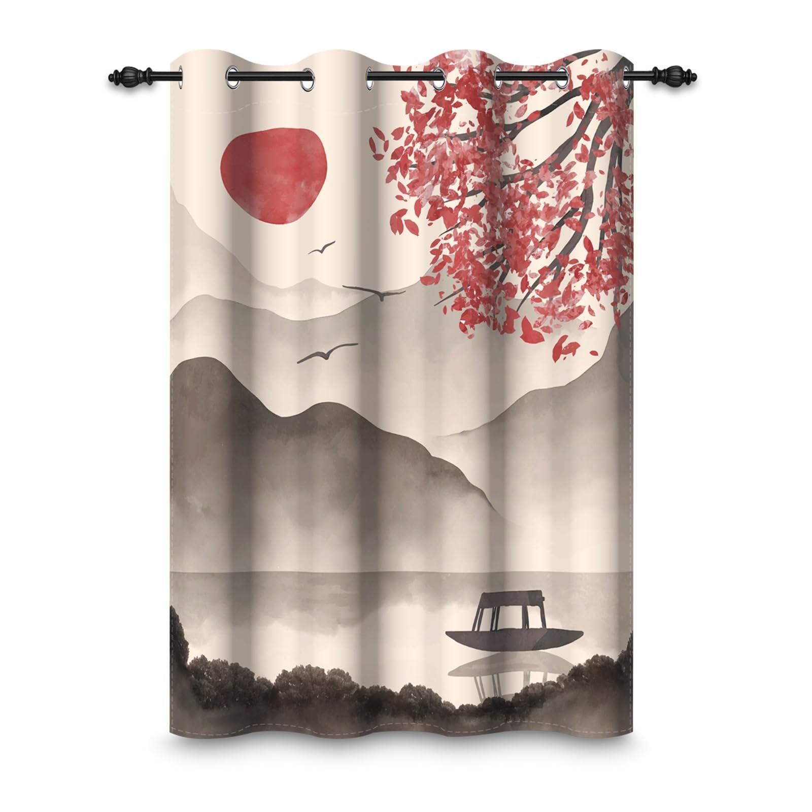 132x214cm Peinture à l'encre Traditionnelle Rideau à œillets Montagne Soleil Arbre Peinture Chinoise Paysage Thermique Séparations Occultant Rideaux pour Chambre Salon Bureau,1 Panneau Simple