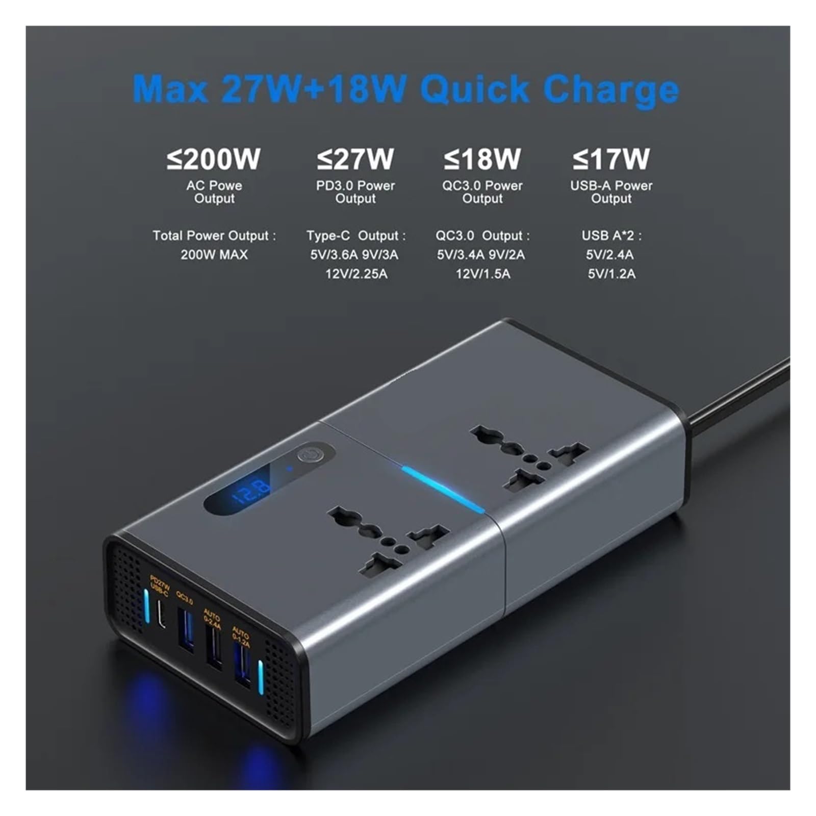 Przetwornica samochodowa DC 12V do AC Auto Converter Type-C USB Szybkie ładowanie Charr, Zasilacz,Stabilna konwersja mocy