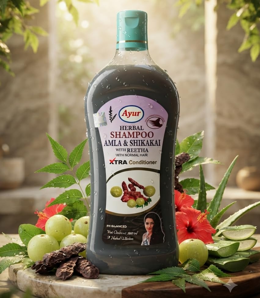 Image of Ayur Herbal Amla Shikakai with Reetha Shampoo | Paraben-Free | Gentle Cleanser for All Hair Types (1000 ML)