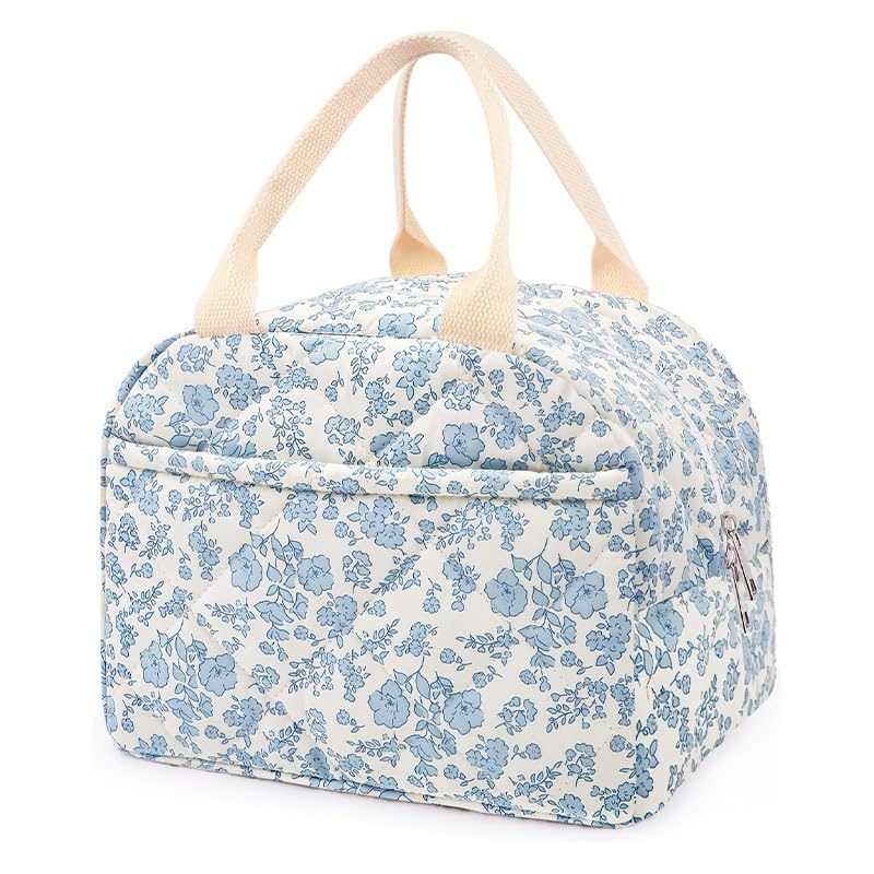 Shuqio Bolsa Termica Porta Alimentos para Hombre y Mujer Reutilizable, Capacidad 11,5 Litros Bolsa de Picnic Con Correa Ajustable para El Hombro, Lunch Box para Trabajo, Escuela,Viajes(flores azules)