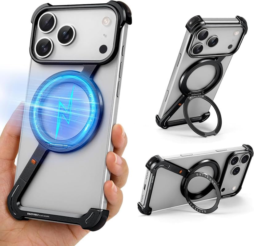 Z Shaped Frameless Metal Bumper Compatible with iPhone 17 Pro Max with 360° Rotate Ring Kickstand | Luxury Aluminum Armor Case | Super Slim Metal – Black