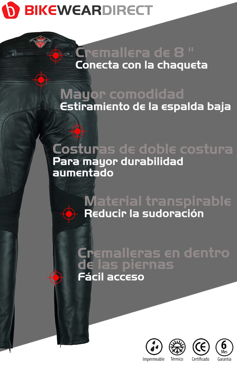 Texpeed Pantalones de moto cuero - Hombre Impermeable Motocicleta de turismo para de con auténtica protección de armadura de motociclista CE (EN 1621-1) Negro - (XL Cintura/Pierna Regular)