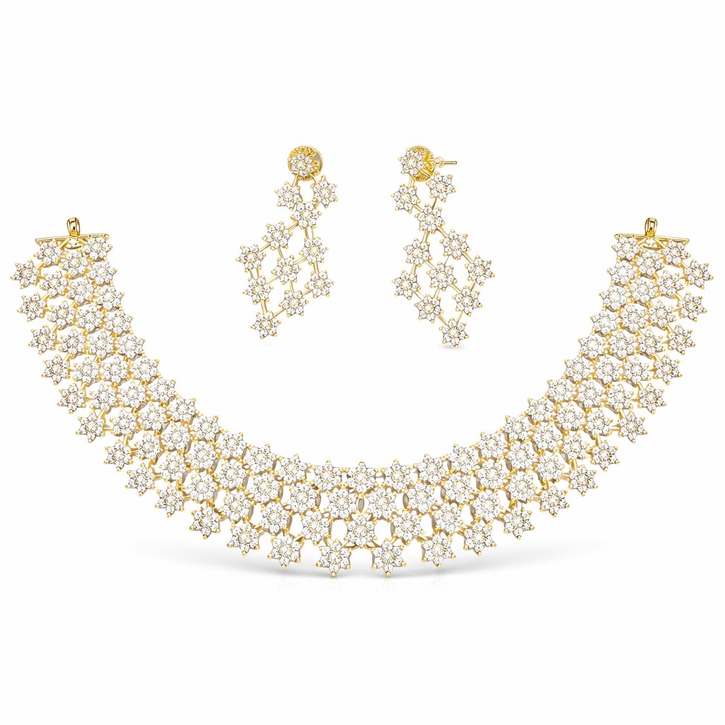 7 Stone Gold Plated Necklace with matching Earrings | Elite Quality | (Crystal White, 4 Line)