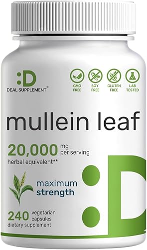 Hoja de gordolobo 20,000 mg, 240 cápsulas vegetales - Extracto de hoja de fuerza máxima 201 - Hierba calmante natural para los pulmones - Apoya la