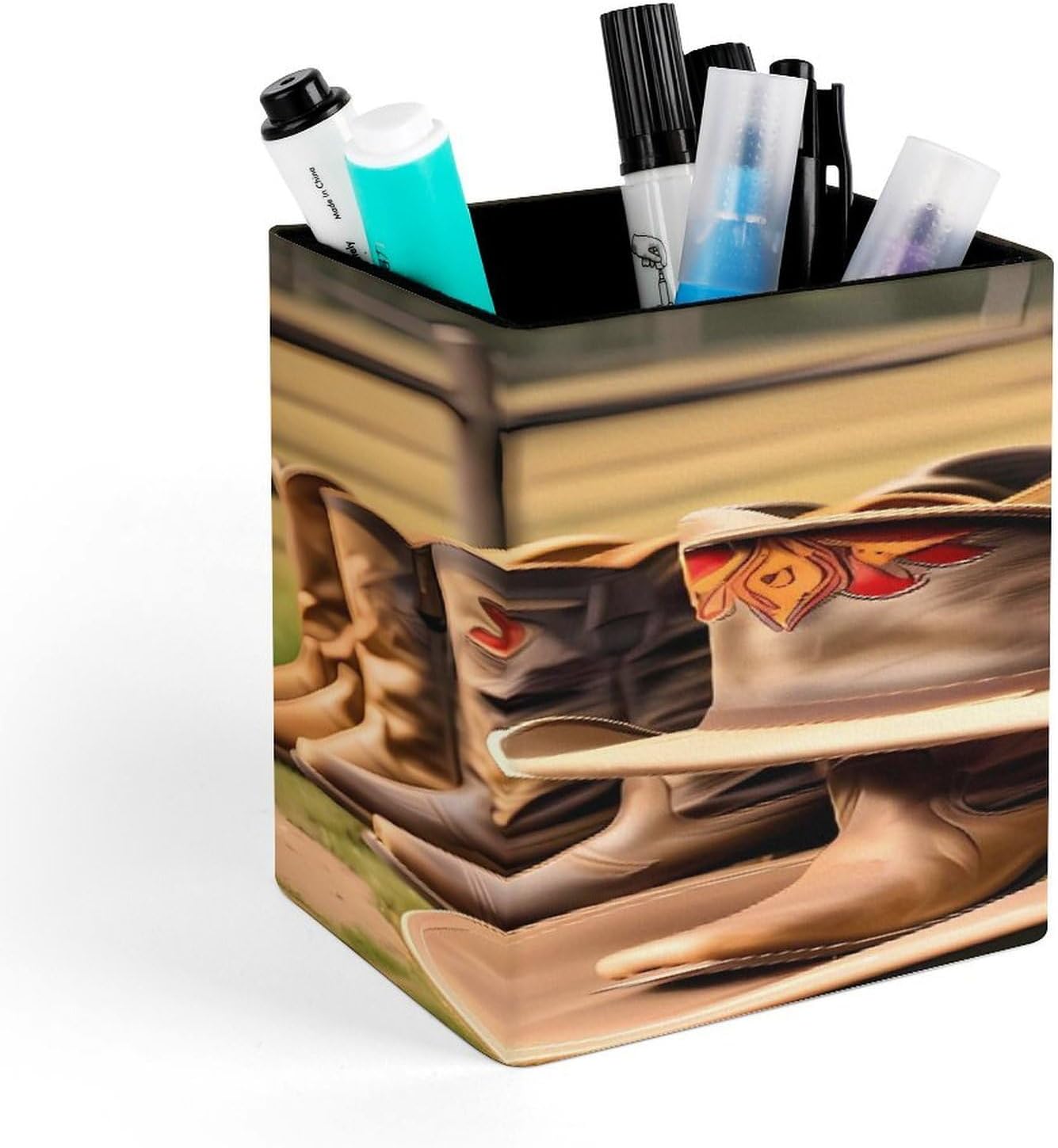Cowgirl Boots Hat Square Pen Holder Desk Organizer for Office Home