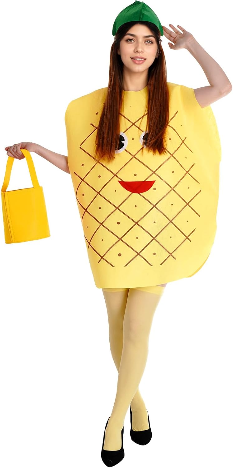 4pcs Halloween Pineapple Costume Women Adult Pineapple Costume Girl Cute Fruit Costumes with Dress Hat Bag and Sock for Halloween Cosplay Dress Up Party - Image 4