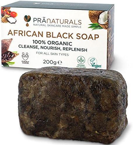 PraNaturals 100% Organic Raw African Black Soap 200g, Ethically Sourced and Handcrafted in Ghana, For All Skin Types, Detoxifying and Anti-Ageing All Pure Natural Treatment, Vegan, Unprocessed
