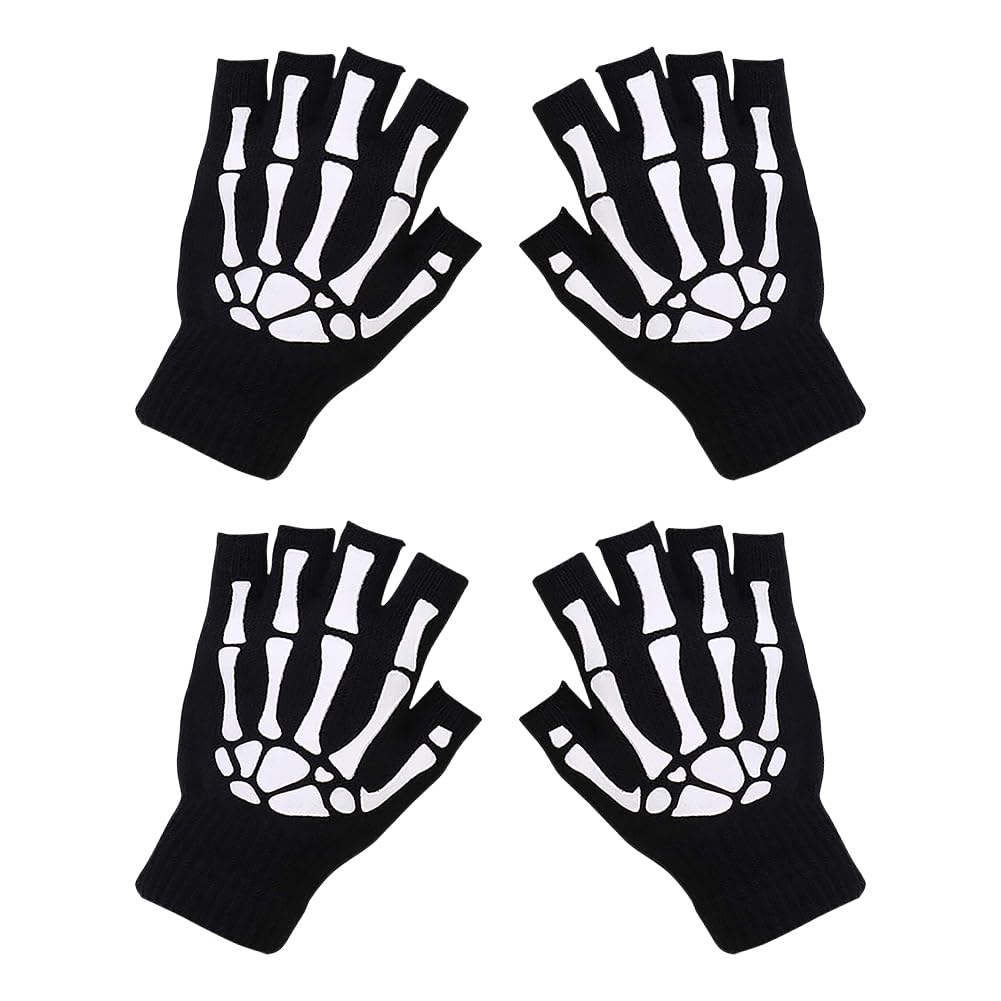 2 Paar schwarze Skelett-Handschuhe, fingerlos, leuchtet im Dunkeln, Halloween-Handschuhe, Halbfinger, Strickhandschuhe, Cosplay, Knochenhandschuhe, Schwarz , 16 x 12cm Fashion