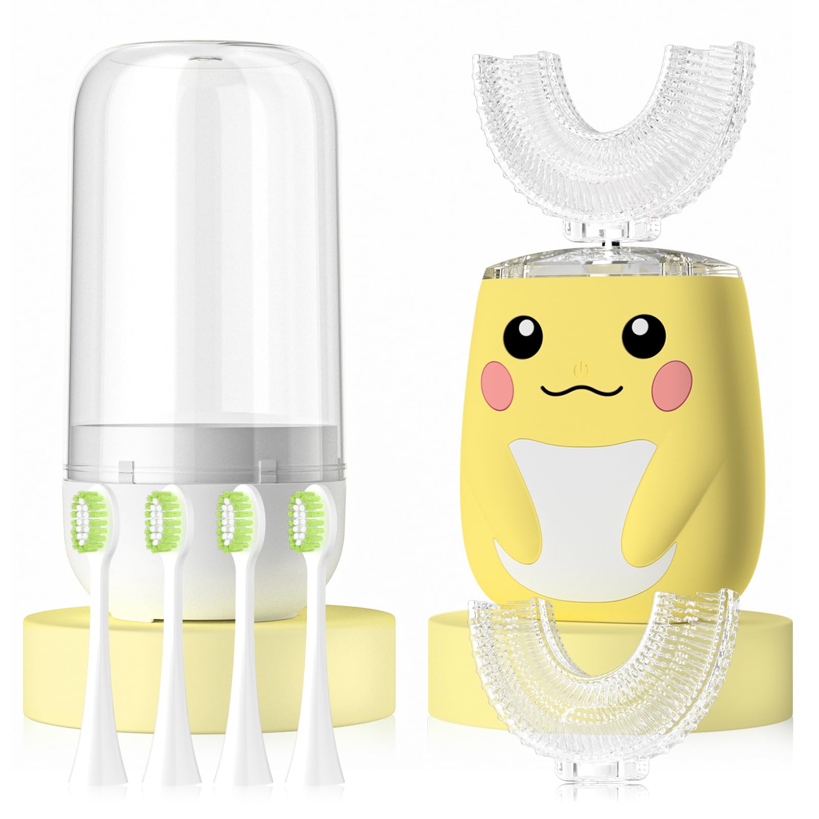 Spazzolino elettrico a forma di U per bambini, ricaricabile, con 6 testine morbide, bocca completa, 6 modalità di pulizia, età 2-7 anni, giallo