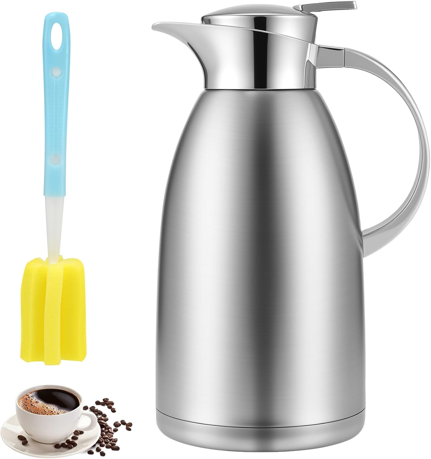 2.3L Thermal Coffee Carafe with Button Top, Stainless Steel Double-Wall Insulated Teapot with Cleaning Brush, Thermal Tea Flask, Vacuum Jug for Coffee, Milk, Tea, Beverage, Juice