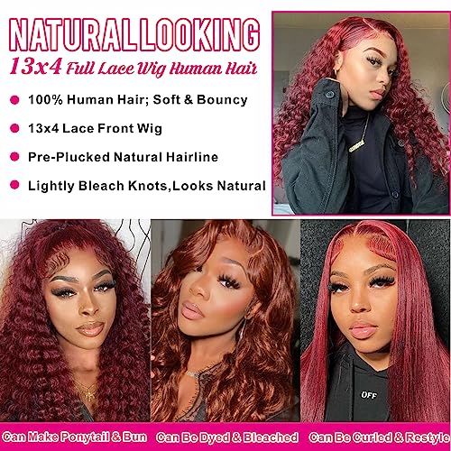 13x4 Reddish Brown Deep Curly Lace Front Wigs Human Hair 33b Auburn Colored 13x4 HD Transparent Lace Frontal Wig for Women 180% Density Glueless Curly Wig Pre Plucked 30 Inch