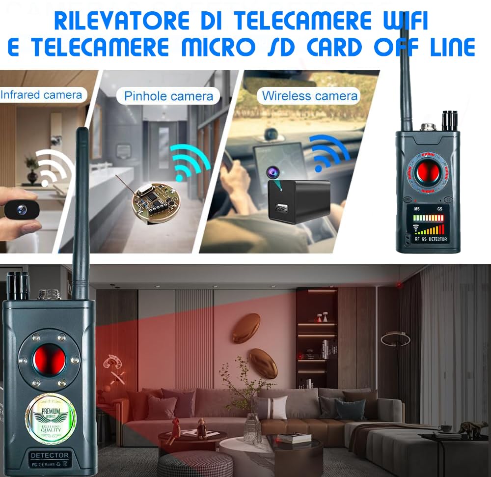 Rilevatore di Telecamere microspie - Scanner di Segnali RF, GPS e Campi Magnetici per Privacy e Sicurezza in Auto, Casa e Ufficio (k18s)