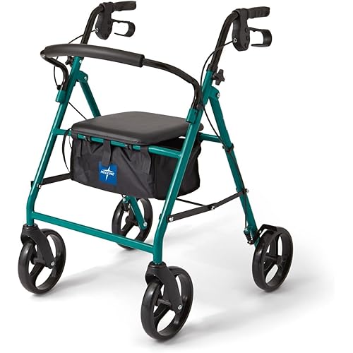Medline Steel Rollator Walker for Adult Mobility Impairment, Green, 350 lb. Weight Capacity, 8” Wheels, Foldable, Adjustable Handles, Rolling Walker for Seniors