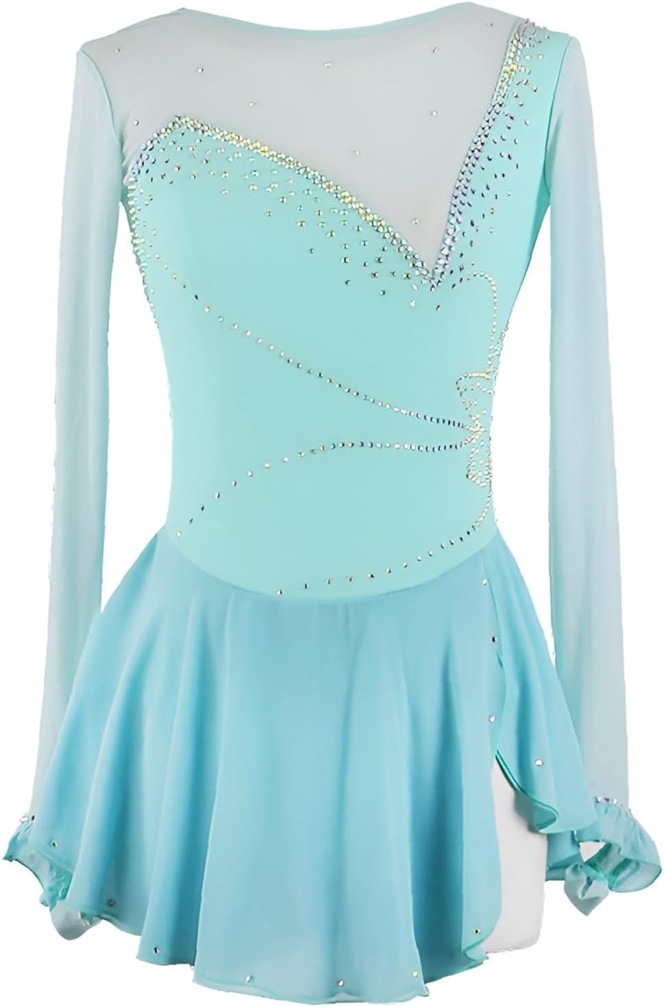 Figure Skating Dress for Competition, Women Mesh Patchwork Ice Skating Clothes for Girls Sparkle Bodysuit