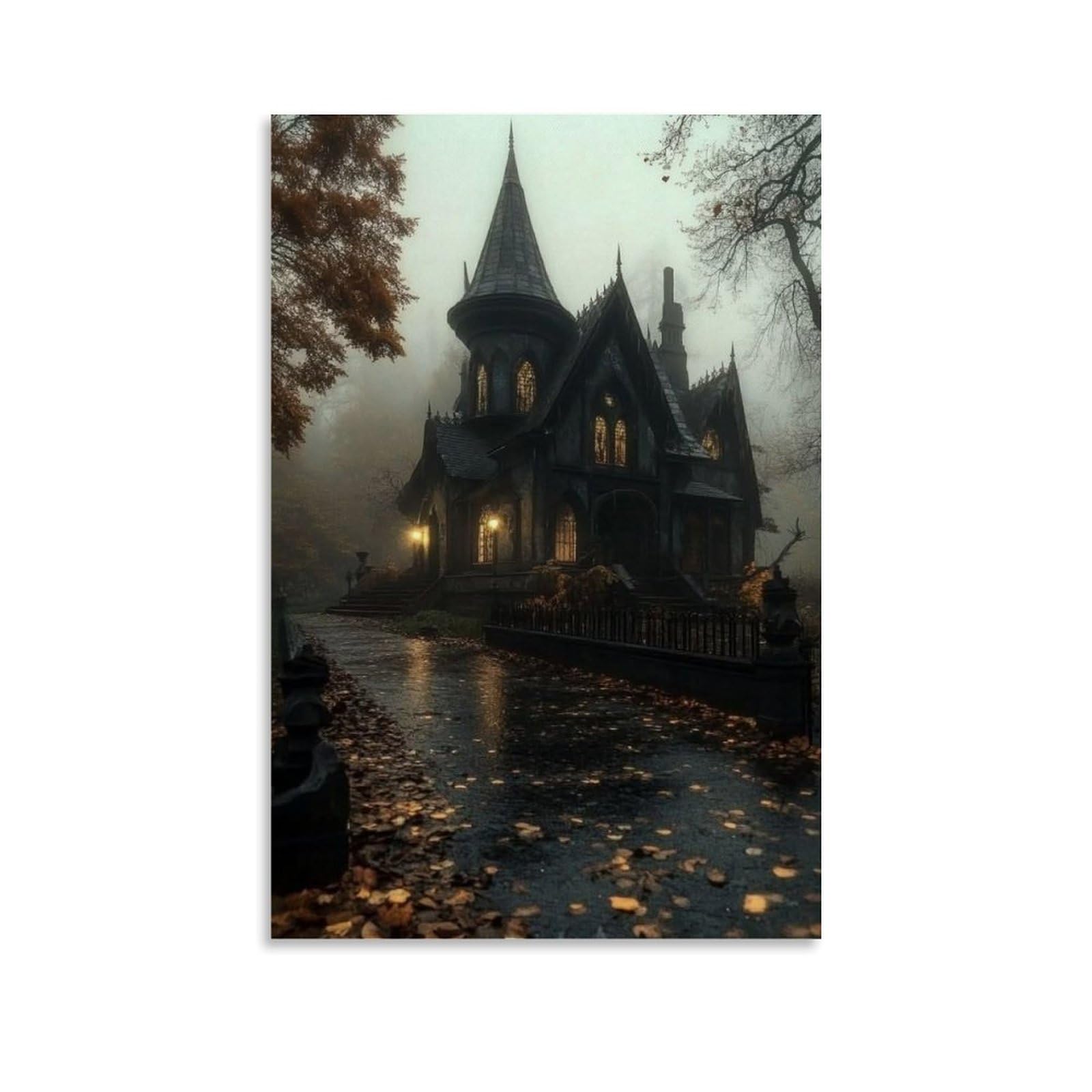 Jueuryywrry Unframe-Style Gothic Mystery The Foggy Castle Poster Wall Art Aesthetic Cover Poster Design Painting For Living Room Bed Room 08X12inch(20X30cm)