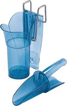 Ergonomic Ice Scoop with Shield and Pouring Chute Includes Storage Caddy, 610 oz Capacity, Blue, for Home and Commercial Use