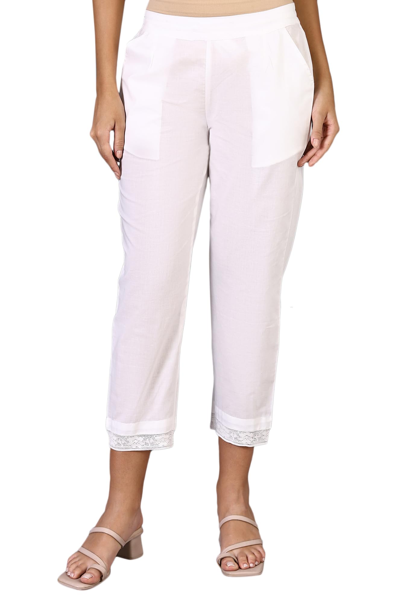 w for woman Yellow Solid Lace Mid-Rise Straight Pant-picture-13